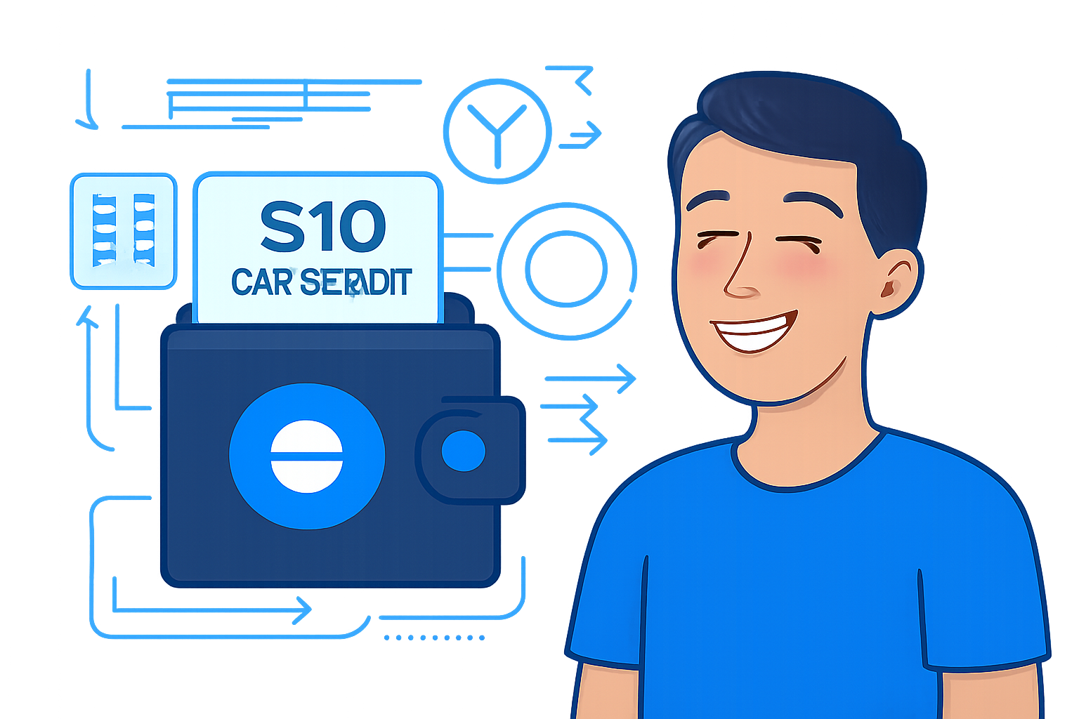 A digital wallet with Base network logo, showing a $10 gas credit, user smiling, futuristic crypto interface