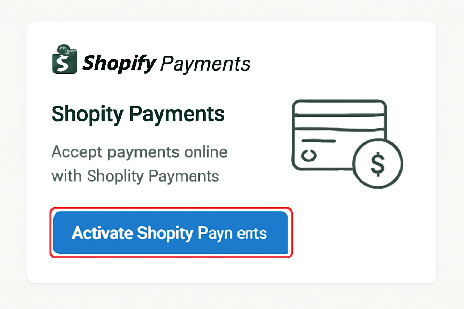 Shopify Payments section with an 'Activate Shopify Payments' button highlighted.